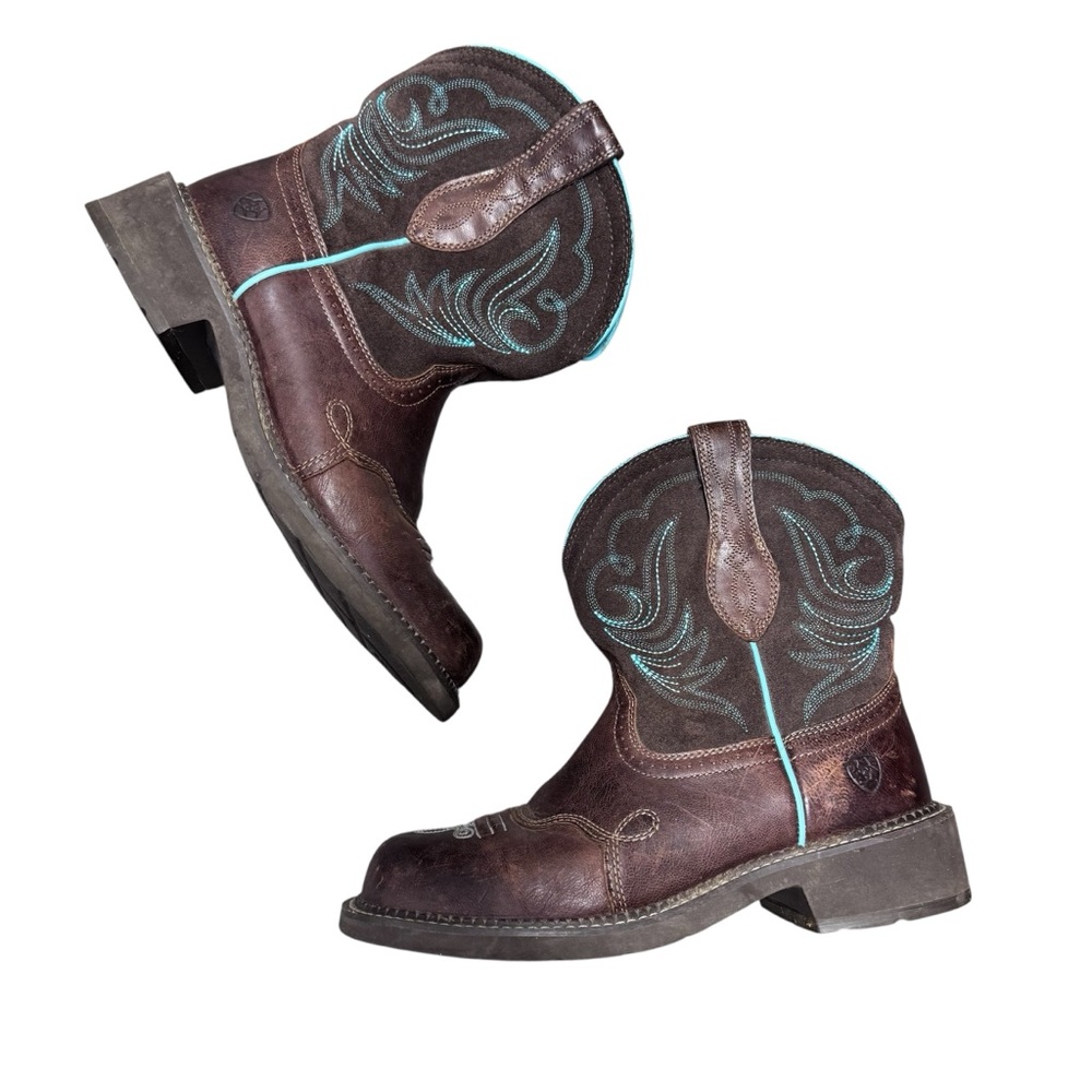Ariat Brown Leather Western Heeled Boots with Turquoise Stitching - Picture 4 of 16
